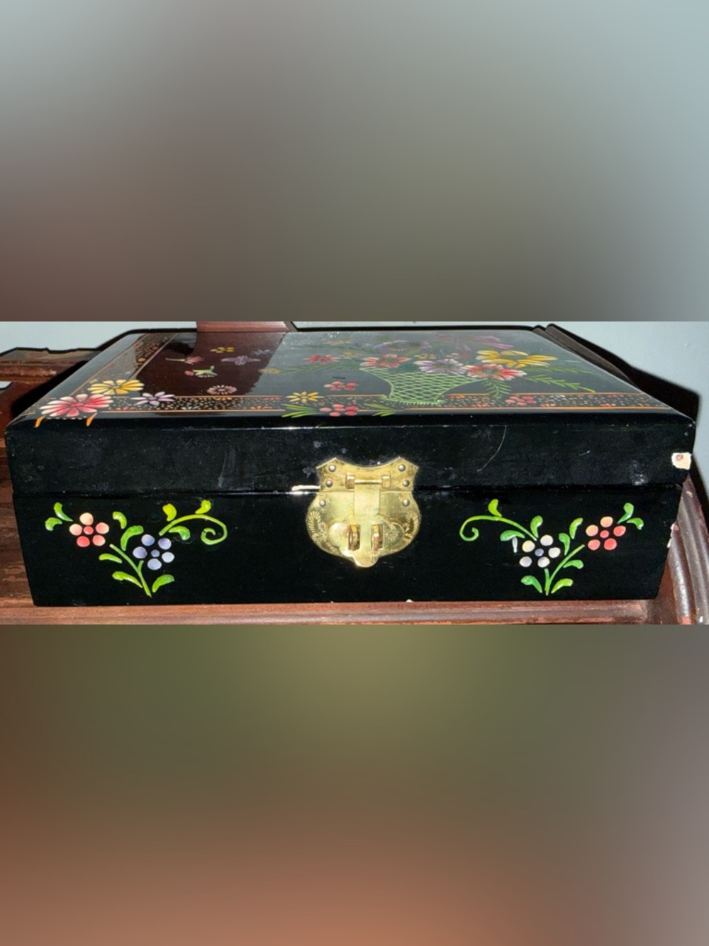 Vintage Black Lacquer Floral Jewelry Box with Brass Latch